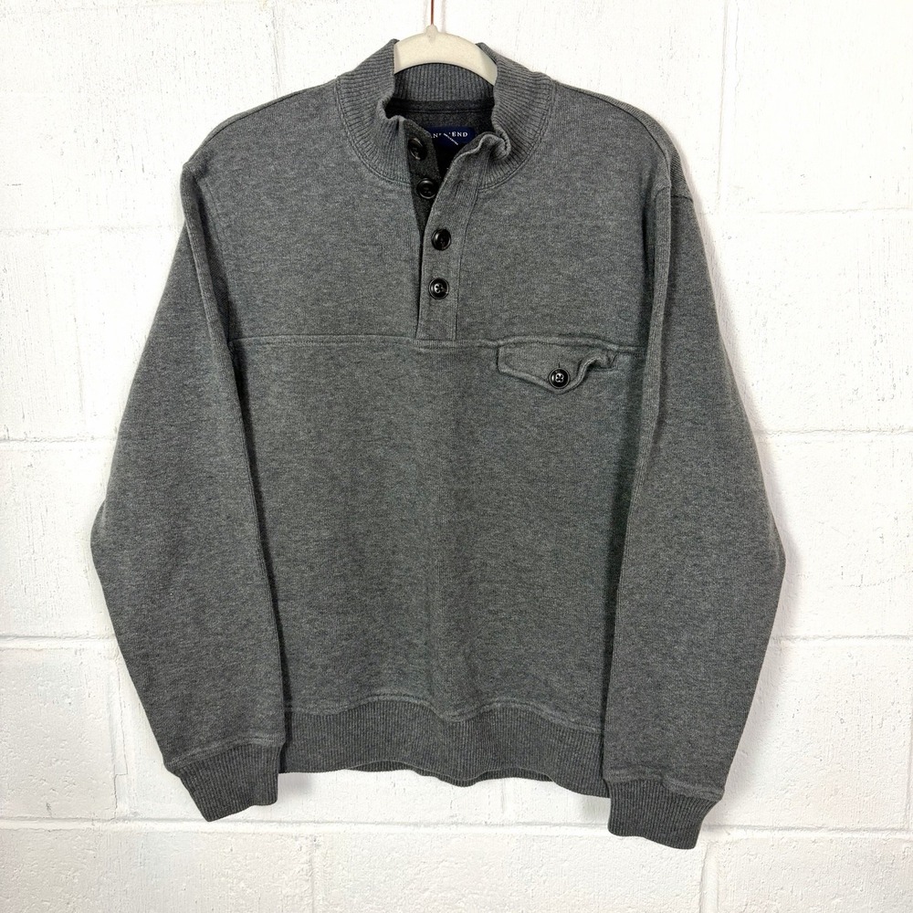 Lands' End Sweatshirt 3 Button Pullover Mock Neck Gray‎ Ribbed Preppy Casual M